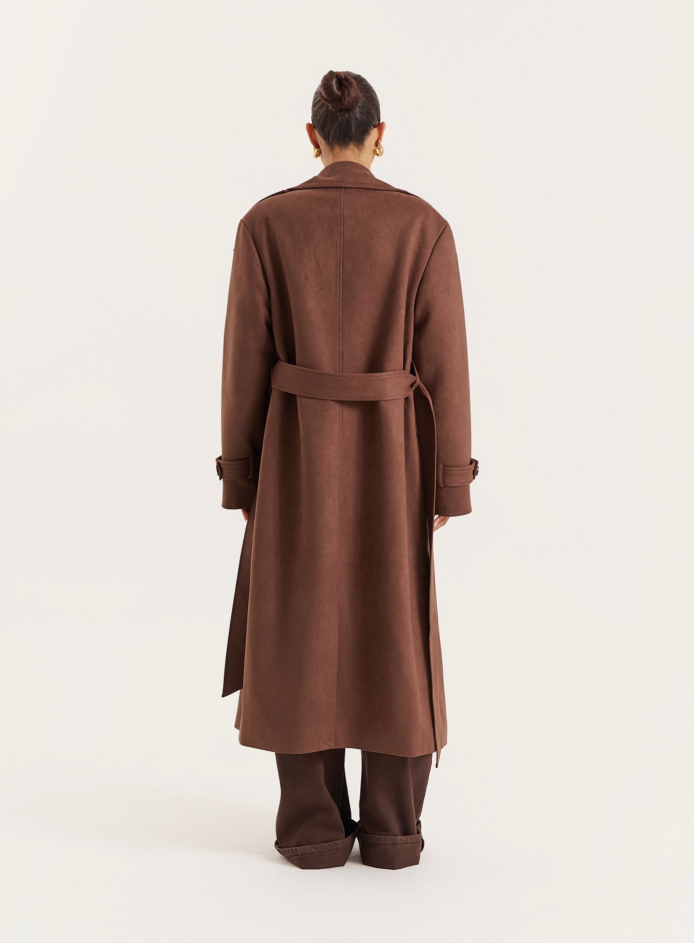 Brown Faux Suede Belted Longline Trench Coat